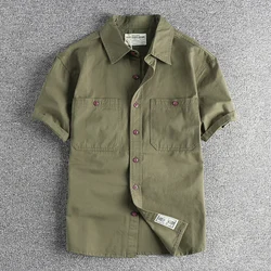 2024 Summer New American Retro Short Sleeve Lapel Double Pockets Cargo Shirt Men's 100% Cotton Washed Casual Tough Guy Blouses