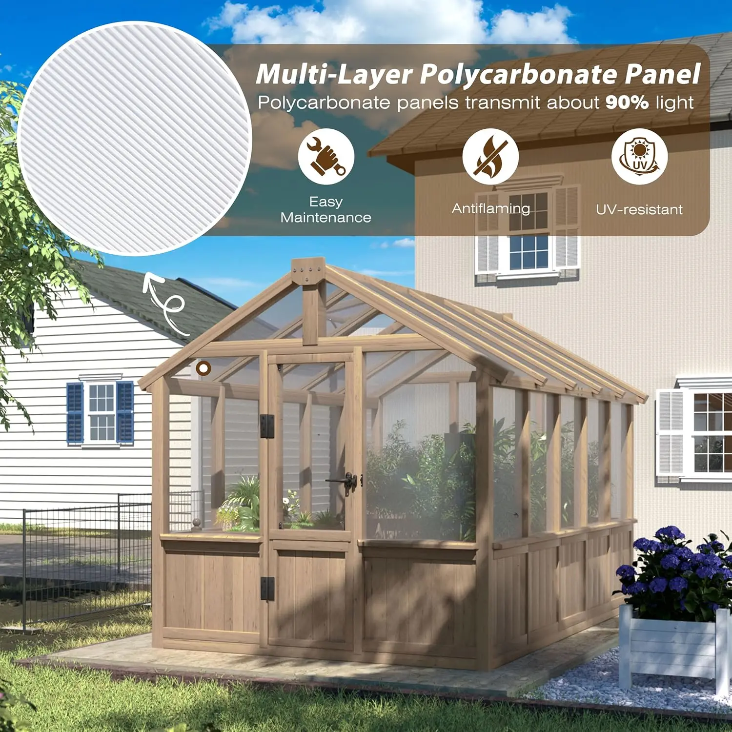 

Green House for Outdoor, 6MM Thick Polycarbonate Panel Wooden Walk-in Greenhouse Kit with Adjustable Roof Vent,
