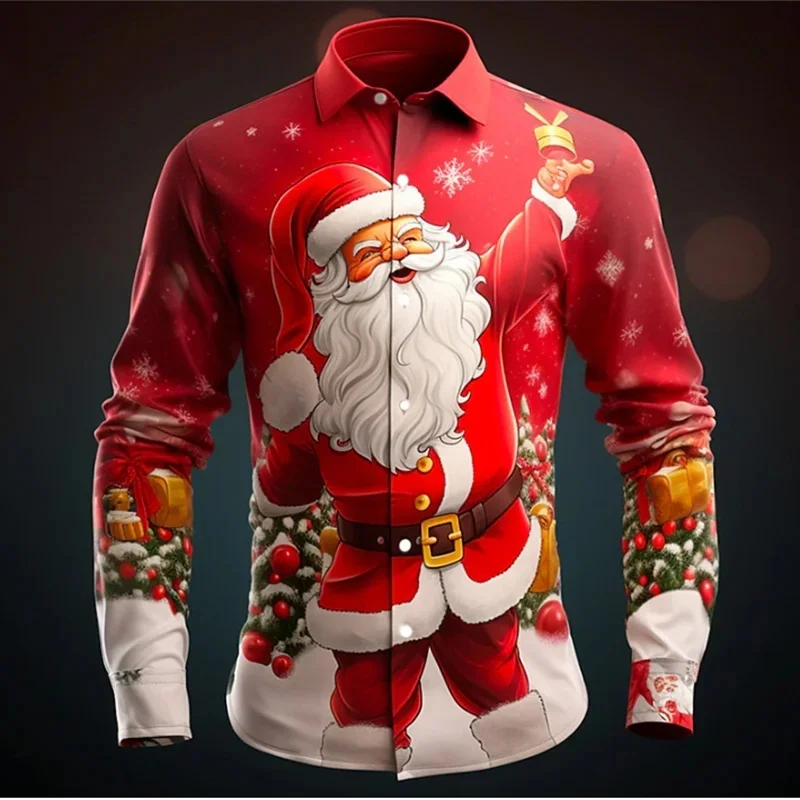 

3D Print Santa Claus's Reindeer Hawaiian Shirts For Men Merry Christmas Pattern Aloha Shirts Loose Long Sleeve Lapel Tops Blouse