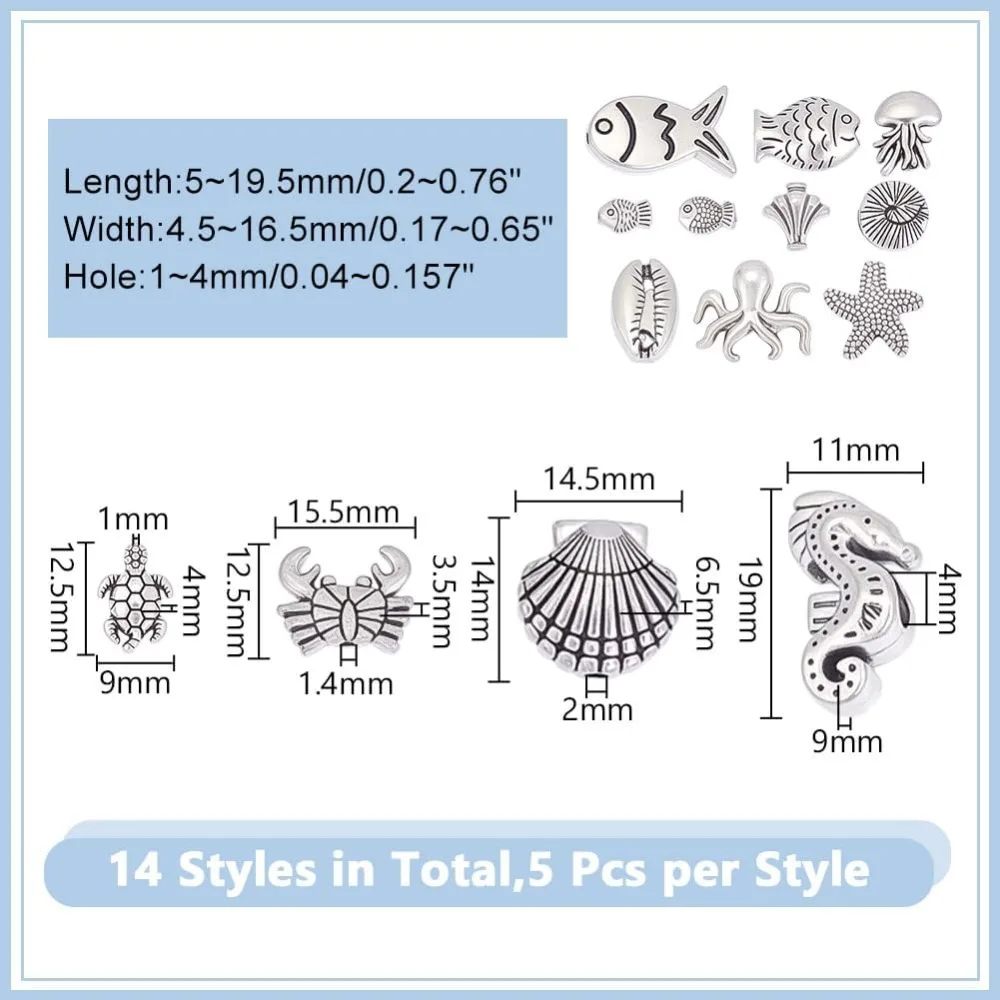70Pcs 14 Styles Ocean Themed Beads Fish Beads 5-19.5mm Metal Fish Bead Sea Life Creatures Bead for DIY Jewelry Making Hole:1-4mm
