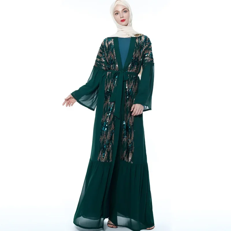 Muslim Dress Middle East Sequin Stitching Cardigan  Women Long Sleeve Chiffon  Open Dubai Abaya Turkey  Fashion