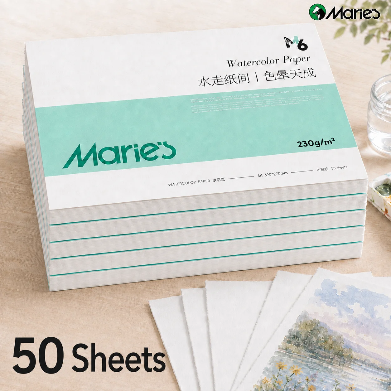 Marie's 50 Sheets Artist Watercolor Papers,8K 230gsm/110lb Paper for Large Volume Practice,Wash Techniques,Illustration