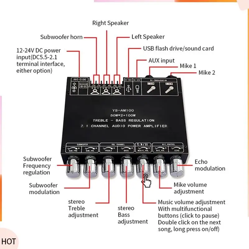 

News YS-AM100 KTV High Power Audio Amplifier Board Microphone Sound All-In-One 2.1 Channel TPA3116D2 Amplifier Board