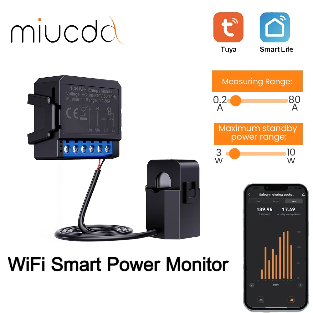 MIUCDA Tuya Smart Wifi Energy Meter 1 Channel with Current Transformer Clamp App Monitor Power 80A 110V/240V 50/60Hz