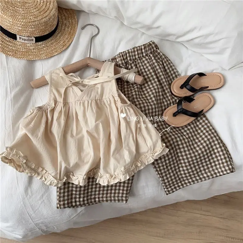 

Baby Girls Sets Fashion Cotton and Linen Sleeveless Vest Childrens Plaid Pants 2025 Spring Summer New Style Kids Two Piece Sets