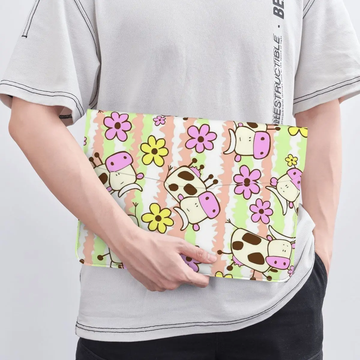 Funny Cartoon Cow Pattern PU Leather Horizontal Laptop Sleeve Shockproof Soft Lining Notebook Case 13 Inch
