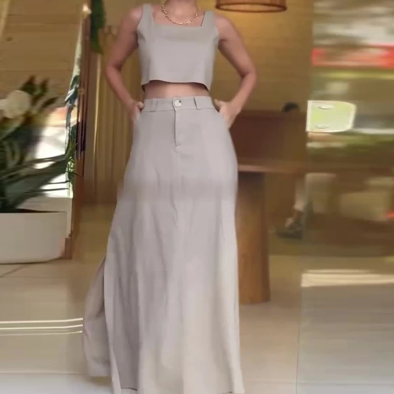 Two Piece Set Women Outfit 2024 Summer Fashion Square Neck Sleeveless Solid Color Crop Tank Top & Casual High Waist Skirt Set