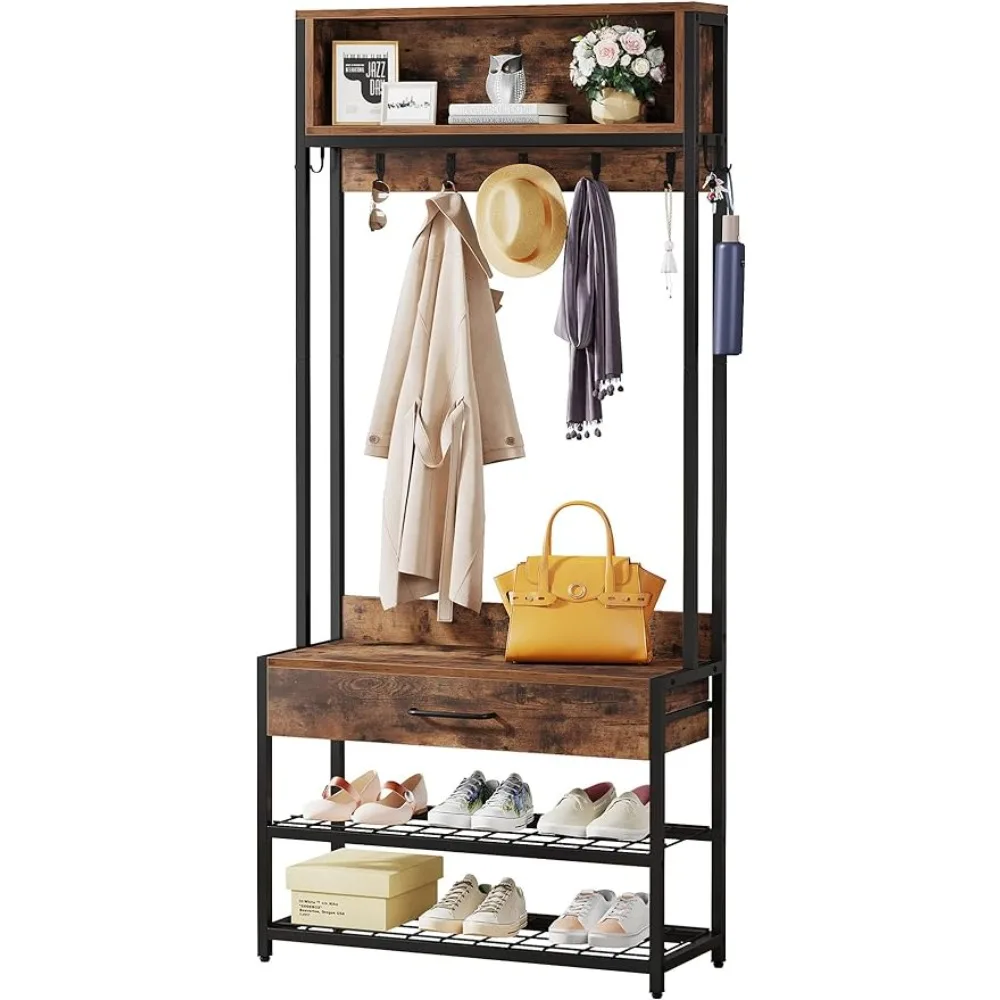 4-in-1 Entryway Hall Tree with Drawer, Industrial Coat Rack with Shoe Bench, Shoe Storage Rack, Hutch and 9 Hooks, Rustic Brown