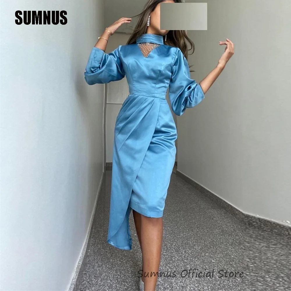 

SUMNUS Blue High Neck Mermaid Formal Party Dresses Knee Length Pleats Evening Dress Long Sleeves Prom Gowns 2024 Robe De Soirée