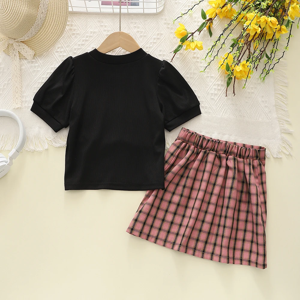 Humor Bear Summer Girls Suits Solid Color Puffy Sleeve Top+Plaid Skirt Fashion Children's princess Clothing Two-piece Set