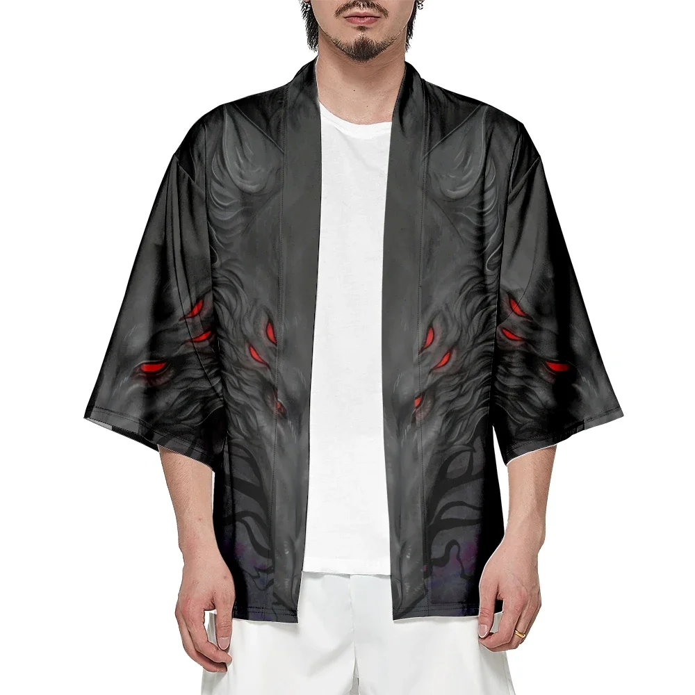 Mens Dark Red-Eyed Wolf Print Haori Kimono Cardigan Open Front Loose Fit Lightweight Casual Streetwear Summer Beach Outerwear