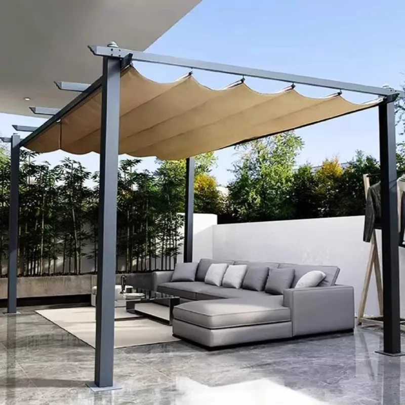 Outdoor Aluminum Pergola  Garden Patio Gazebo with Retractable Canopy  Sun Shade Shelter for Backyard Lawn Deck