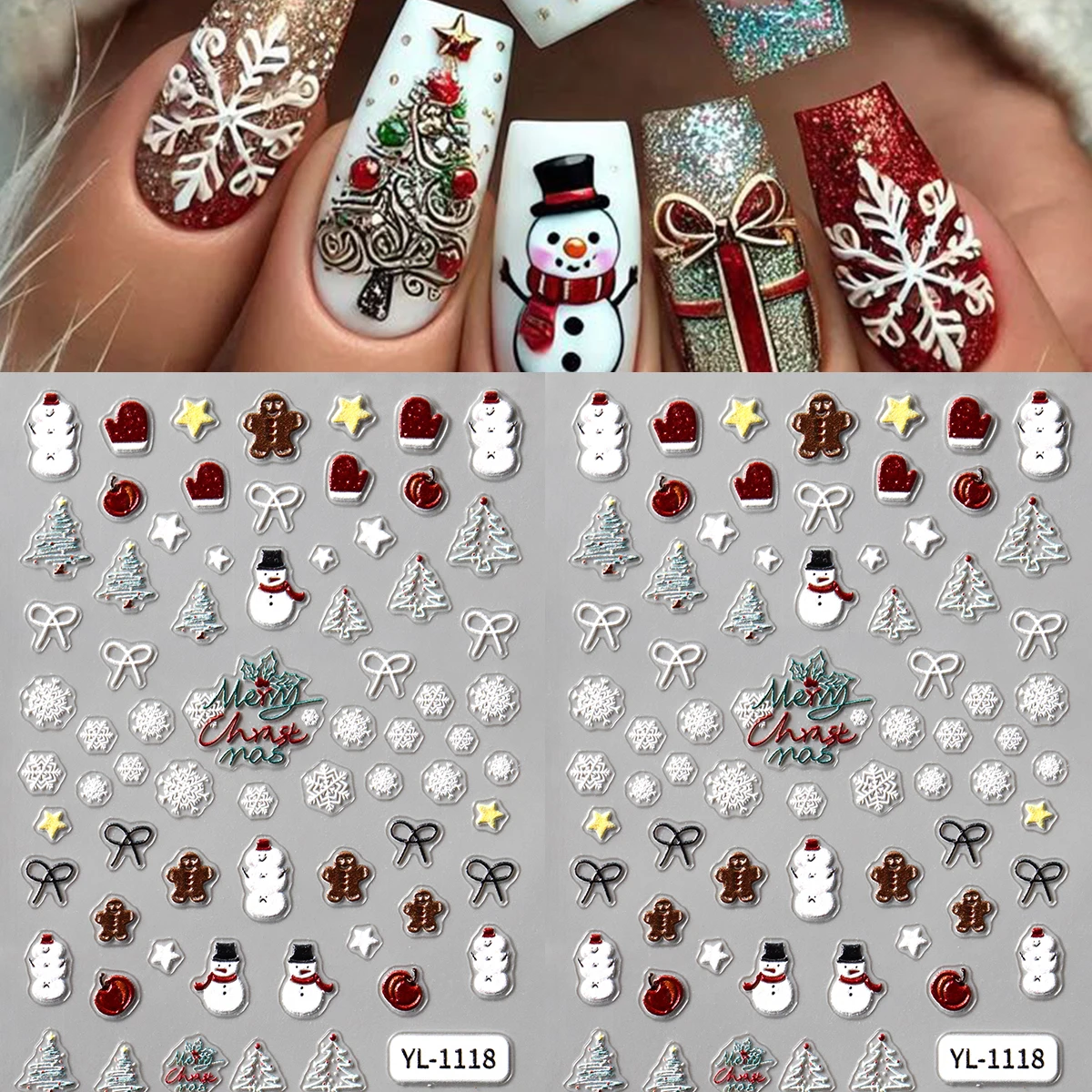 2pcs Cute Snowman Christmas Nail Sticker Gingerbread Man Christmas tree Winter Snowflakes Stars Self Adhesive Nail Decals New Ye