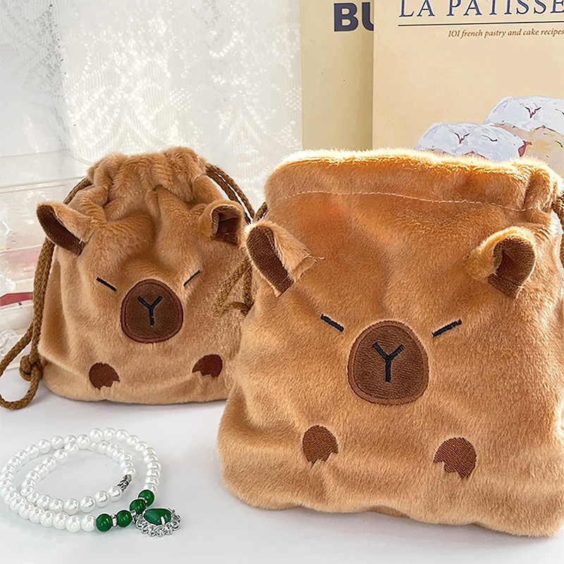 

New Capybara Plush Porpoise Drawstring Bundle Pocket Portable Plush Bag Large Capacity Handbag Casual Lightweight Travel Pouch