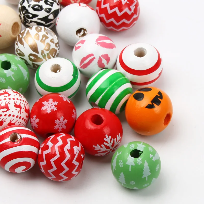 Round Balls Red Green Wooden Beads 15mm Cartoon Tree Letter Pattern Halloween Christmas Beads For Jewelry Making DIY Accessories