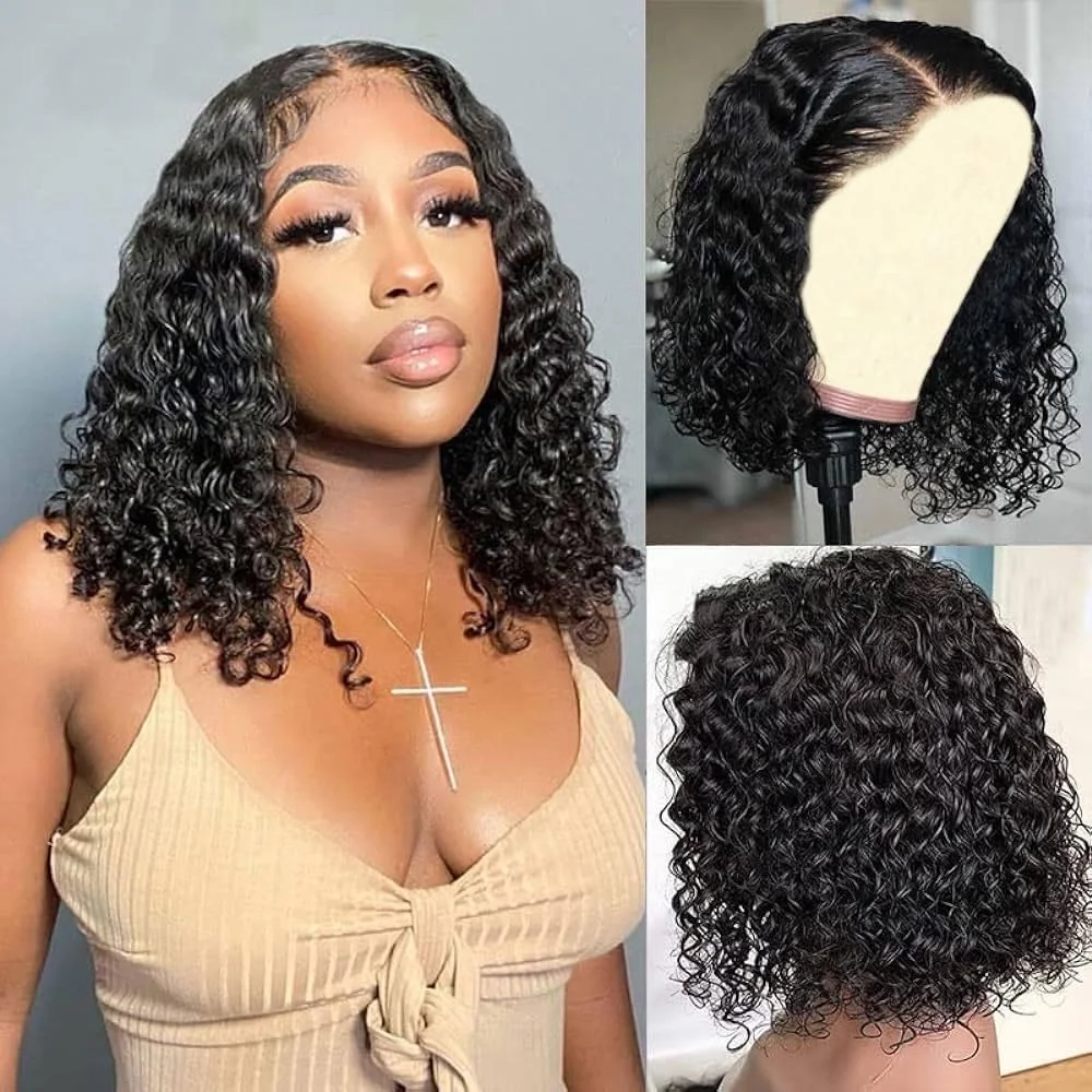 200 Density Short Curly Human Hair Bob Wigs Water Wave 13x4 Lace Front Human Hair Wigs For Women HD Transparent Lace Frontal Wig