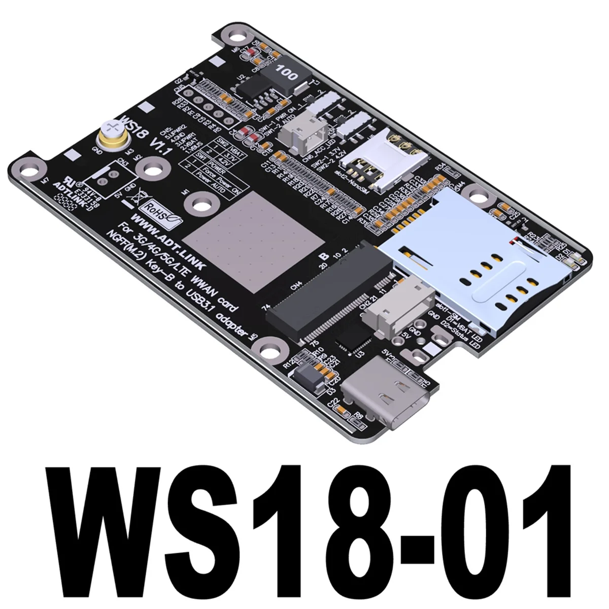 M.2 B-Key WWAN 5G IoT Card Slot to USB Tyep-C 4G LTE 5G Module Adapter Card Support 2230/3042/3052