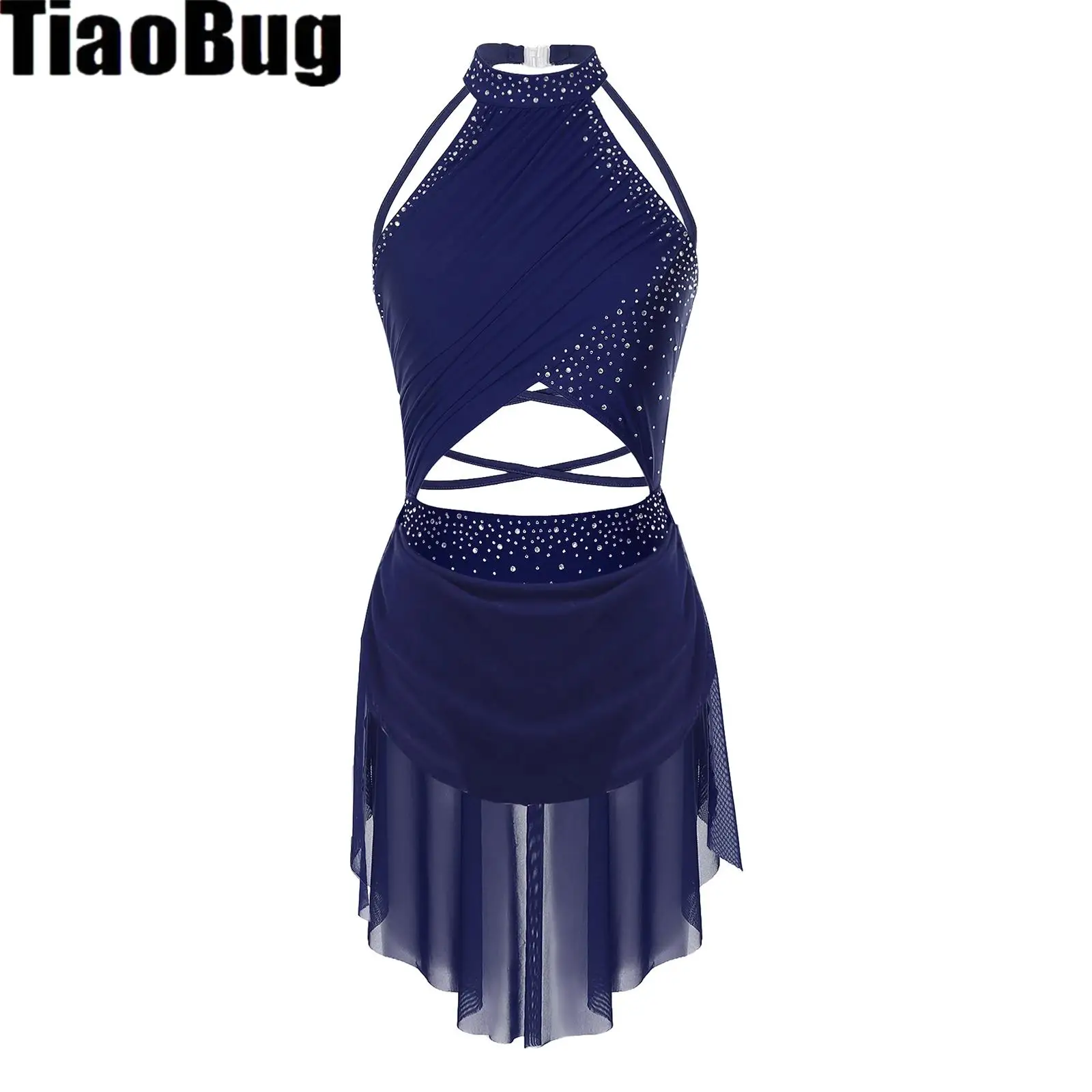 

Womens Glittery Rhinestone Ballet Dance Dress Performance Costume Cutout Strappy Backless Sheer Mesh Overlay Leotard Dress