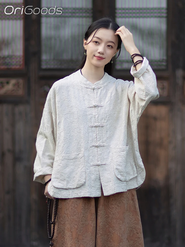 OriGoods JACQUARD Stoff Bluse Baumwolle Leinen Chinesischen Stil Lose Fit Jacquard Kleidung Mantel Herbst Vintage Shirt Frau Top C140