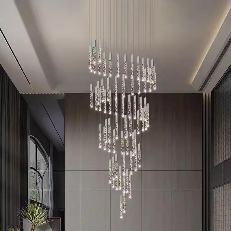 LED Stair Crystal Chandelier Duplex Loft Spiral Staircase Long Chandelier Modern Creative Villa Living Room Hollow Drop Light