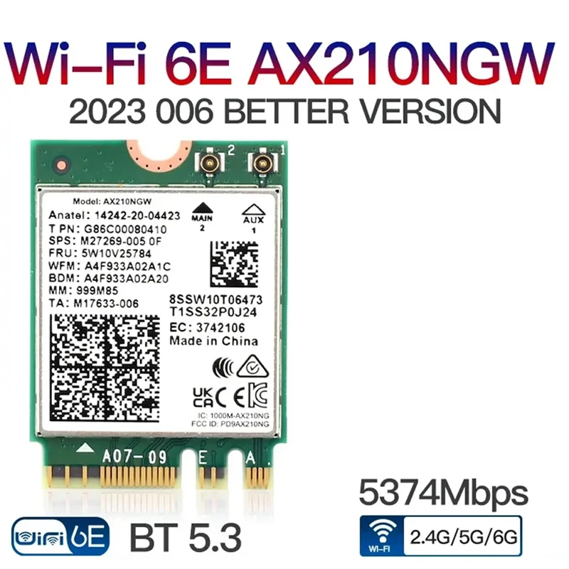 WiFi 6E AX210 Bluetooth 5.3 M.2 Wireless Card AX210NGW 2.4Ghz 5Ghz 6Ghz 5374Mbps 802.11ax Wifi 6 Adapter For laptop PC