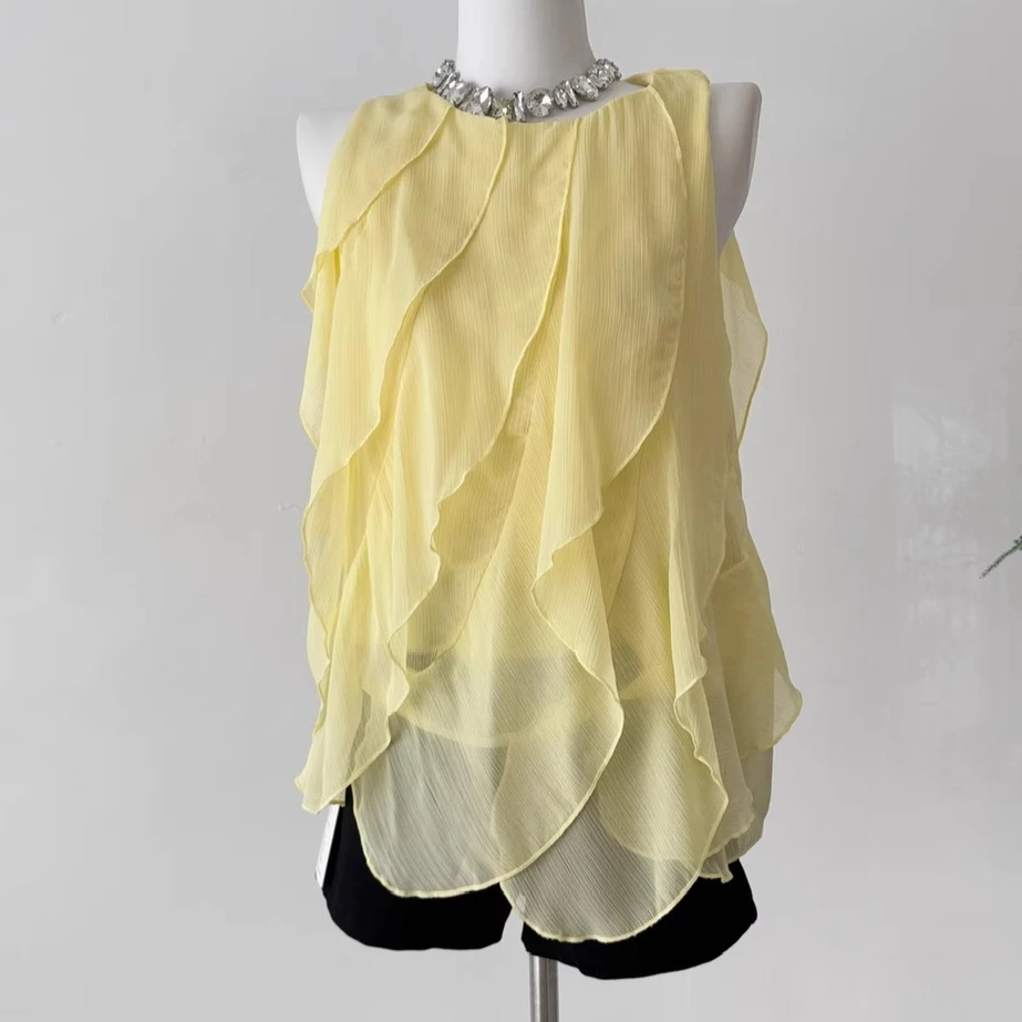 

Women Chiffon Blouse Sleeveless Round Neck Slim Fit Yellow Top Sweet Hot Design