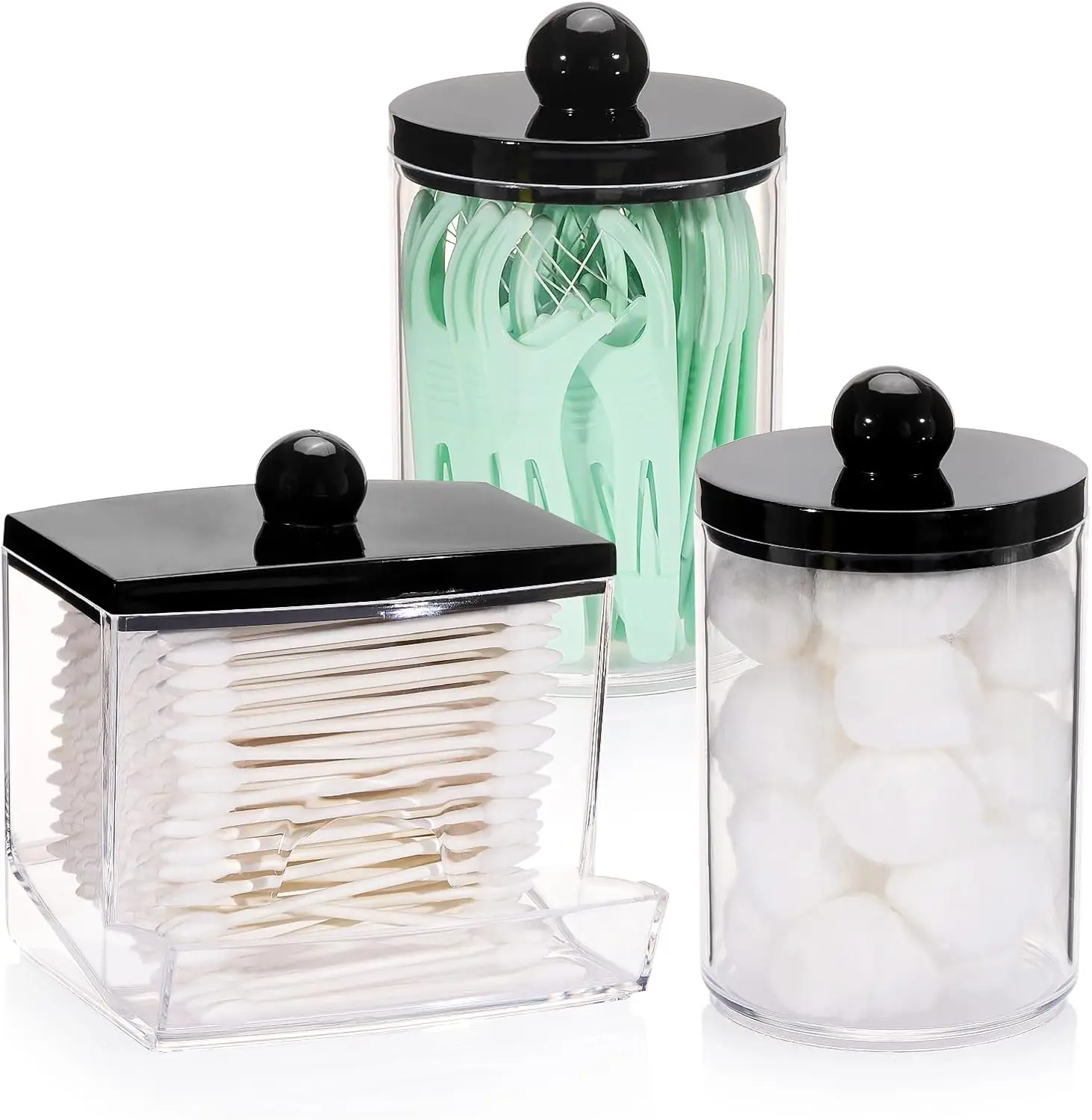 

10oz Cotton Ball Holder & Qtips Dispenser Set, Apothecary Jar with Black Lids for Bathroom Storage