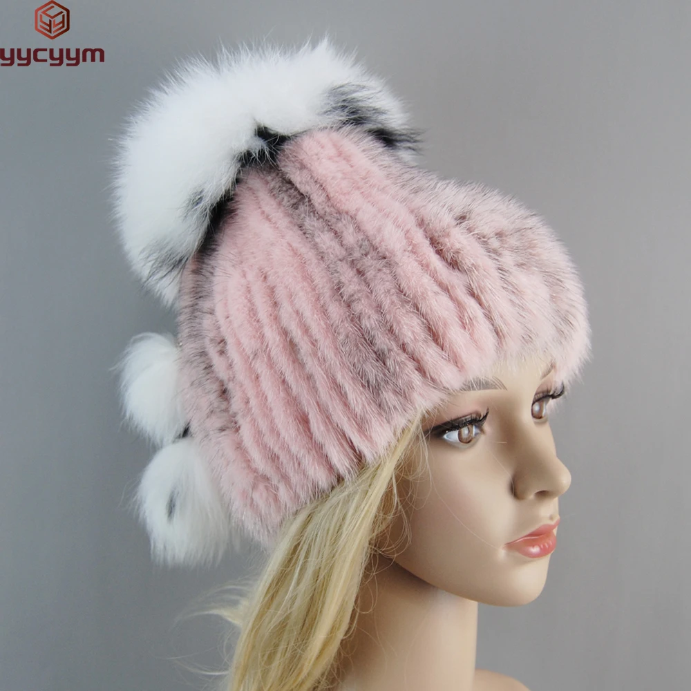 

Women Hat Fashionable Winter Pompom Mink Fur Hats Female Warm Thick Stylish Girl Hat With Real Fur Elegant Knitted Fox Caps