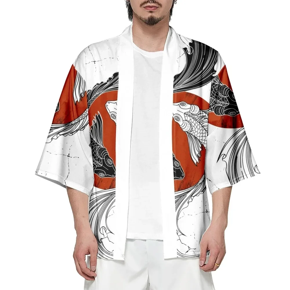 

Summer Japanese Kimono for Men/Women Harajuku Carp Print Traditional Bathrobes Short Sleeves Beach Shirt Fashion Kimono Mujer