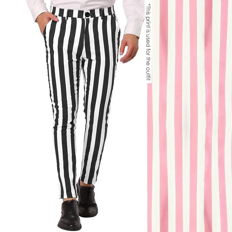Men Pants Striped Slim Fit Woven Trousers Black And White Button Front Dress Pants Casual Straight Leg Slacks Man Male Clothes