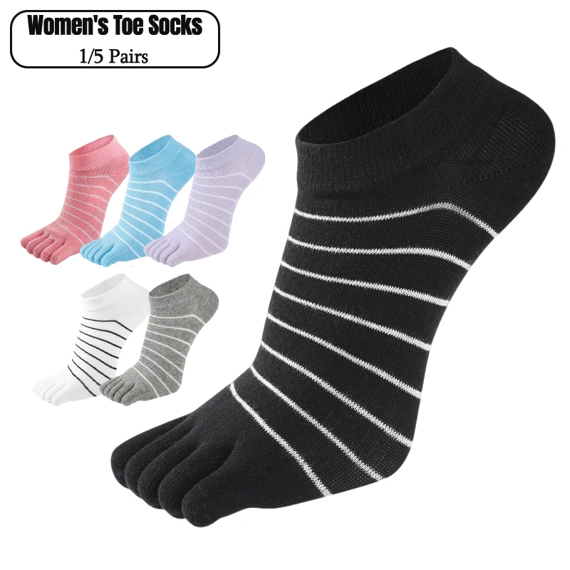 1/5 Pares de Calcetines de Cinco Dedos a Rayas para Mujer, Calcetines de Algodón Suave y Transpirable, Calcetines Cortos Elásticos de Corte Bajo
