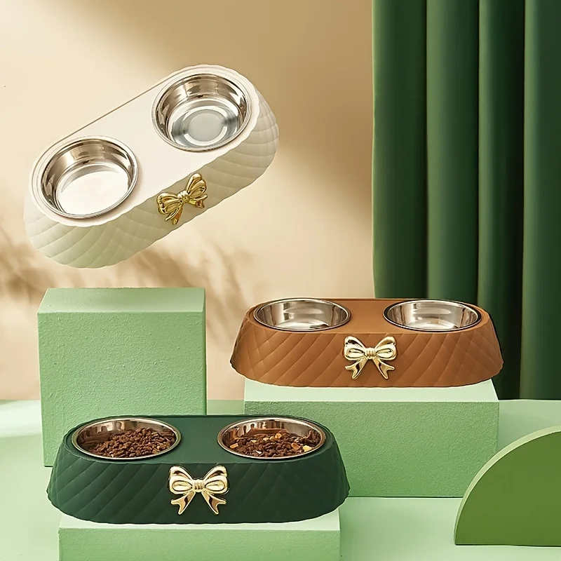 A set of colorful fashion bow pet bowl Large capacity feeding double bowl stainless steel cat bowl feeding water cat rice bowl