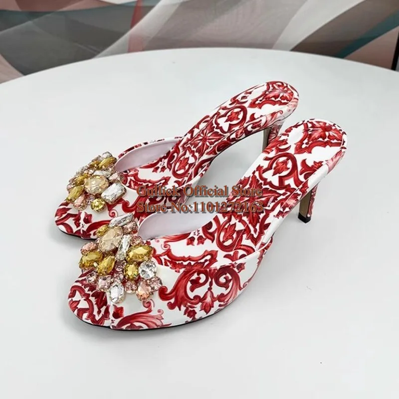 

Bohemia Printed Leather High Heel Mules Shoes Crystal Jewelry Open Toe Cover Heels Sandals Drop Shipping