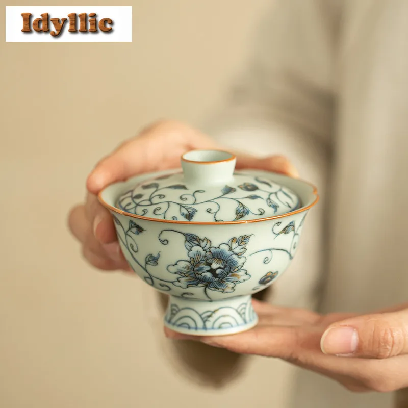 

100ml Ru Kiln Peony Petal Blue And White High Foot Gaiwan Ancient Tea Tureen Tea Bowl With Lid Kit Tea Maker Cover Bowl Teaset