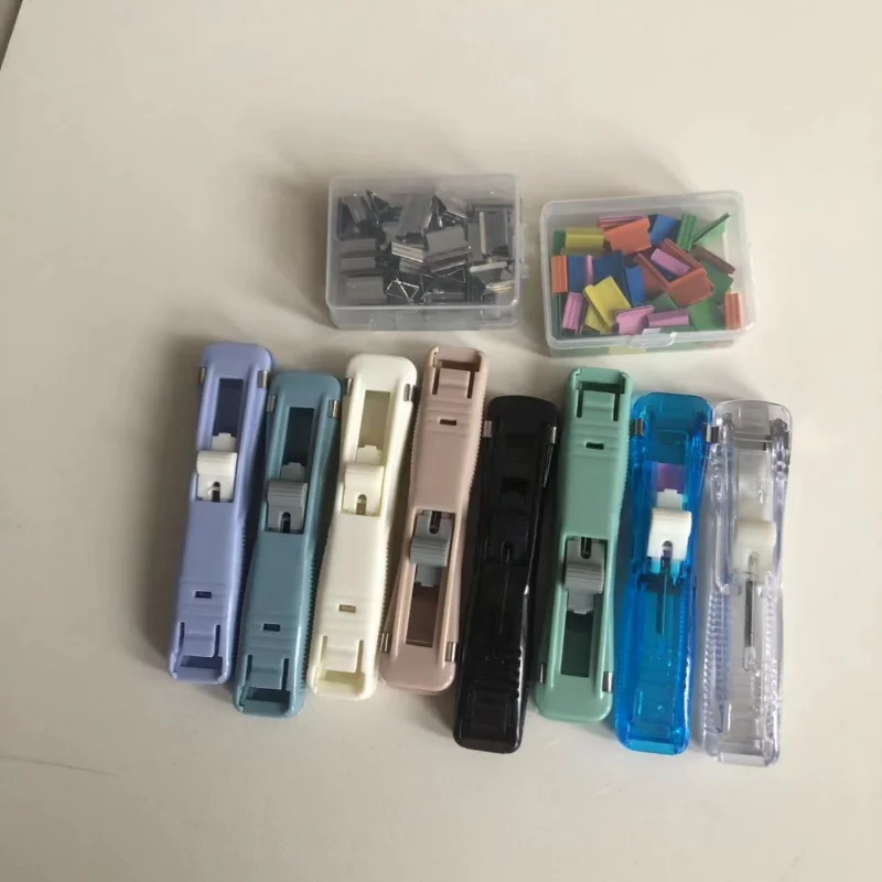Staple Metal Clip Push Hand Paper Clipper with Refill Fixing Organizing Stapler Reusable Push Clamp for Document File