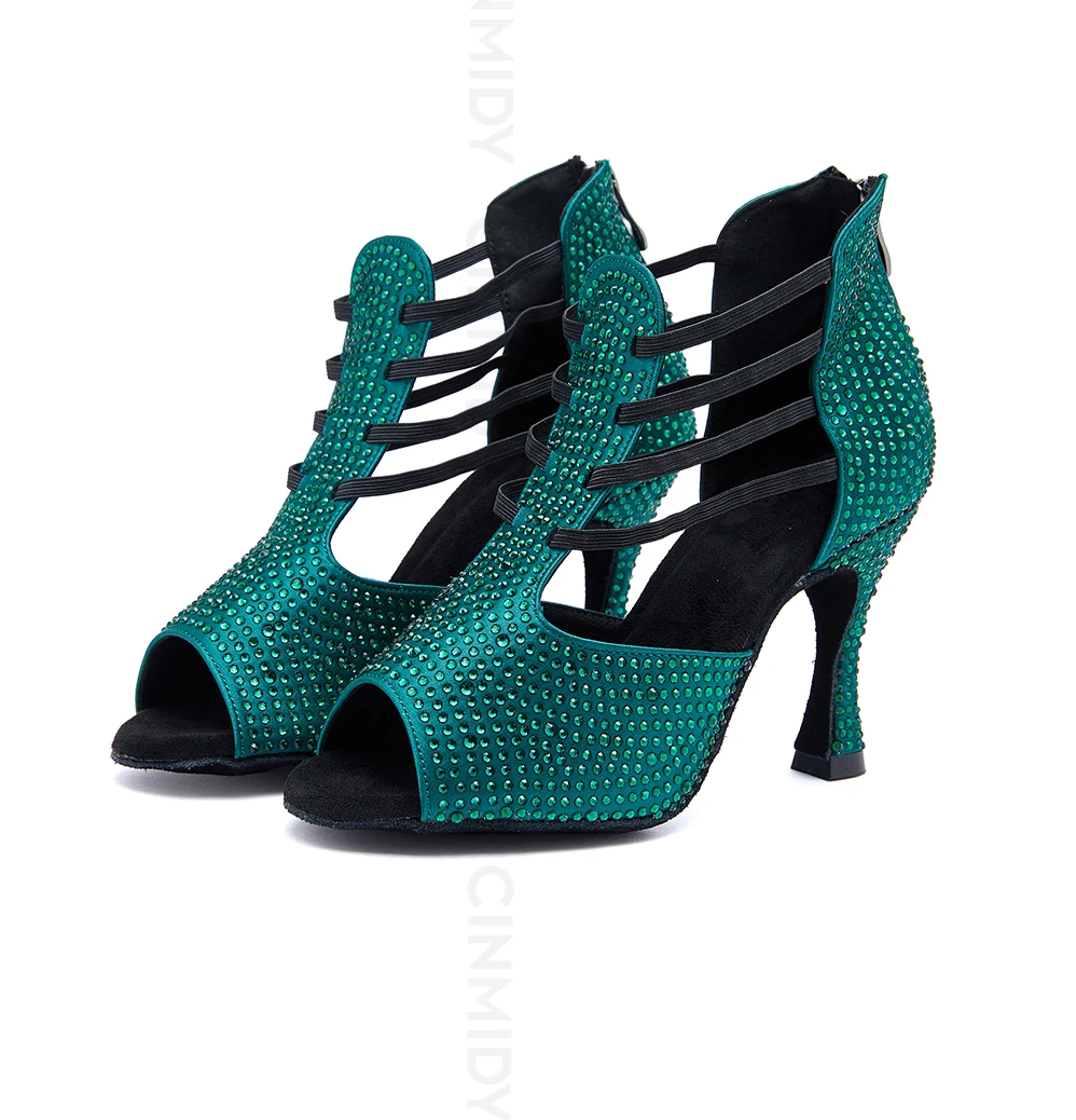 CINMIDY Schwarze Latein-Tanzschuhe für Damen, Salsa-Tanzschuhe mit Strass, Weiche Sohle, Ballsaal-Tanzsandalen, Party-High-Heels – Detail 15