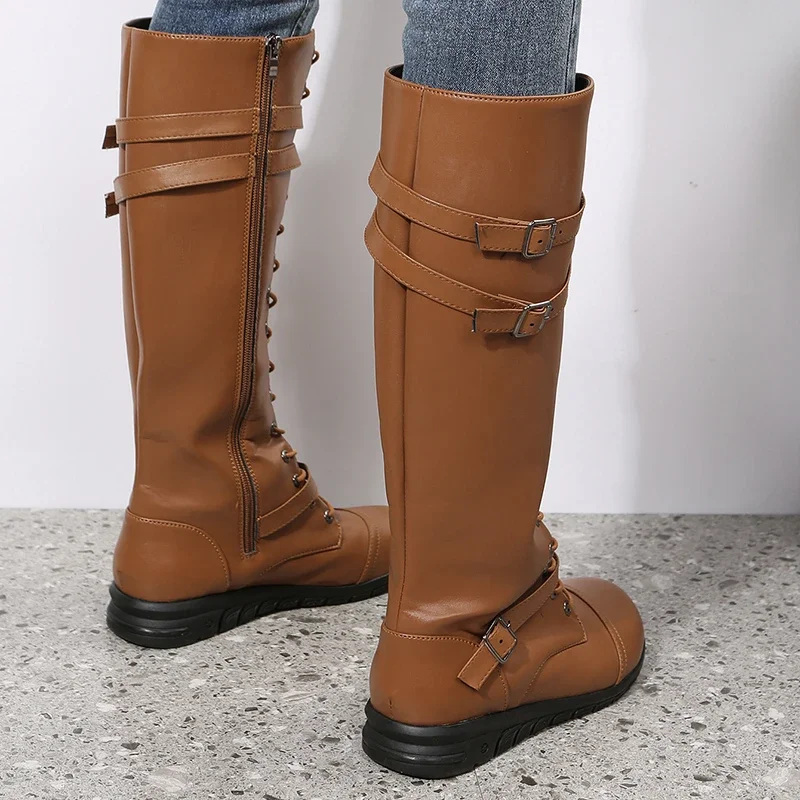 Luxury Winter Boots for Women Combat Cowboy Knee High Long Leather Platform Shoes Black Gothic New Rock Punk Solid Women's Boots
