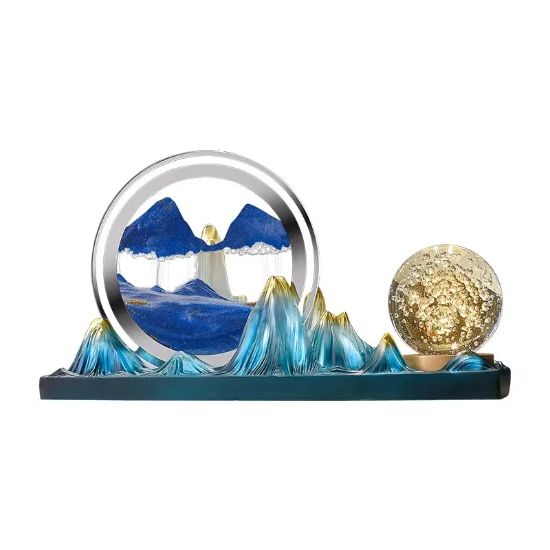 Layered Blue Mountain Tabletop Decor Double Ring Frame Sand Flow Scene Gold Flake Filled Sphere Flat Long Base Desk Display