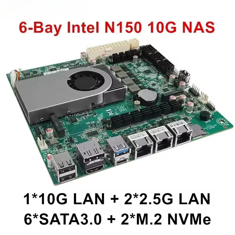 

BKHD 1*10G 2*2,5G LANs 6-выходная материнская плата NAS Intel N150 4 ядра 6*SATA3.0 2*NVMe 1*DDR5 Брандмауэр ITX Материнская плата Брандмауэр Applilian