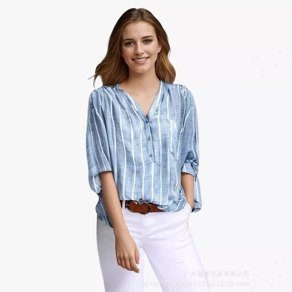 

Summer Female's Striped Blouses Casual Stylish Comfortable Top Loose Long Sleeve Half-plate Button Women's Shirt