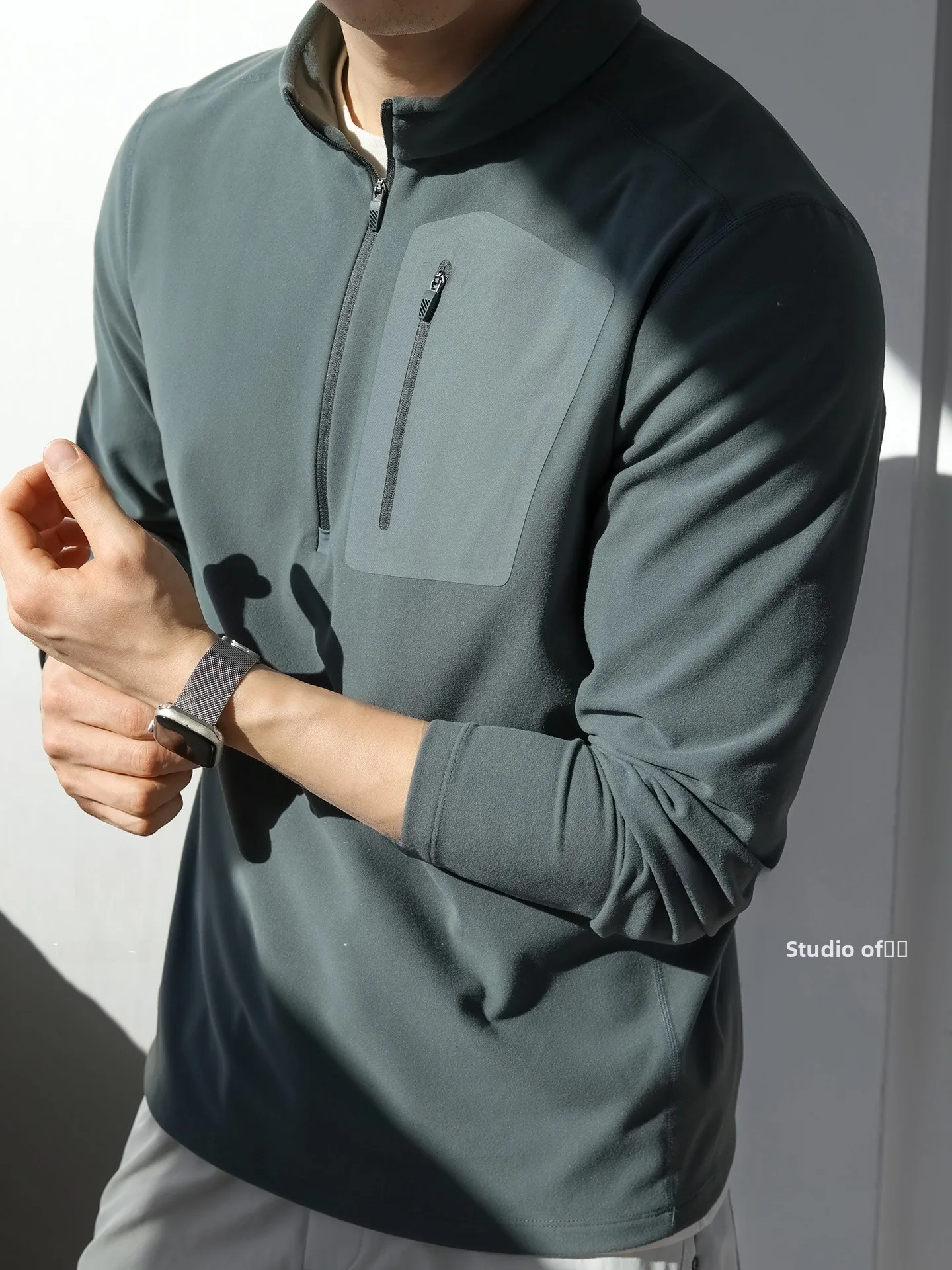 Heated Thermal Long Sleeve T-Shirt Men's Outdoor Running Cycling Training Wear Fleece Double-sided Half Zipper Warm Sweatshirt
