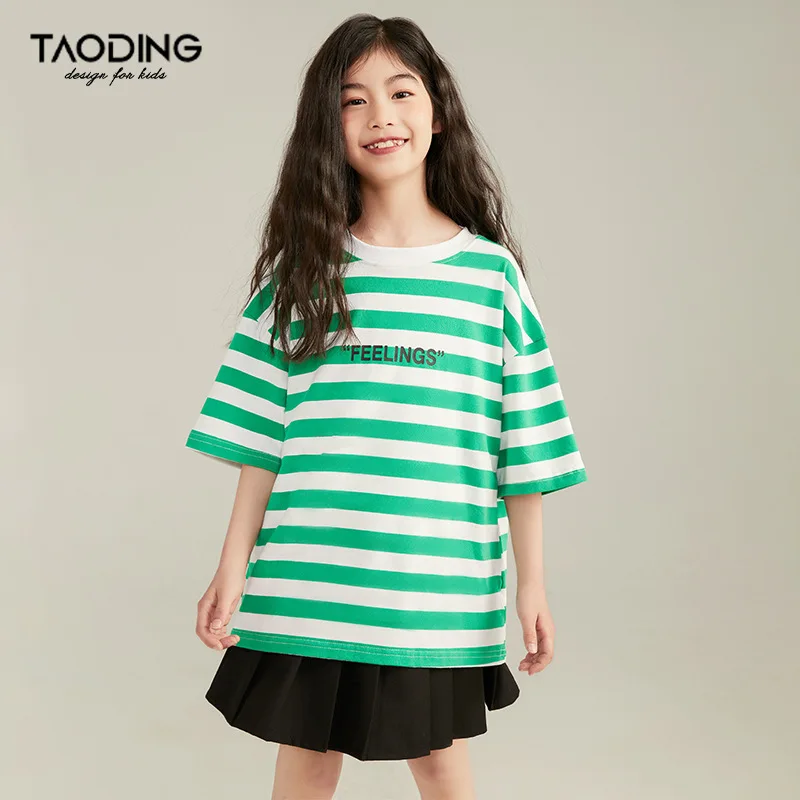 

Baby Girl Top Girls T Shirt Summer 2024 New Medium and Large Children Round Neck Loose Striped Short Sleeve Shirt Half Sleeve