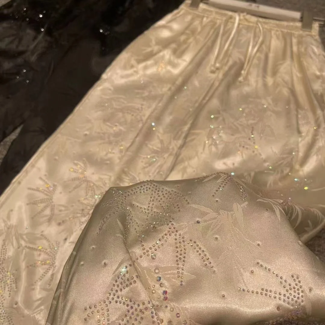 Blingbling strass pantaloni gamba liscia Weg da donna pantaloni dritti larghi casuali pantaloni con coulisse 2024 novità In pantaloni