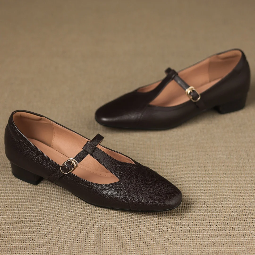 Danxuefei 2025 ใหม่ผู้หญิงSheepskinรอบToe T-Strap Slip-Onปั๊มหนา 3 ซม.ส้นสบายๆหญิงทุกวันรองเท้าสําหรับสตรีขาย