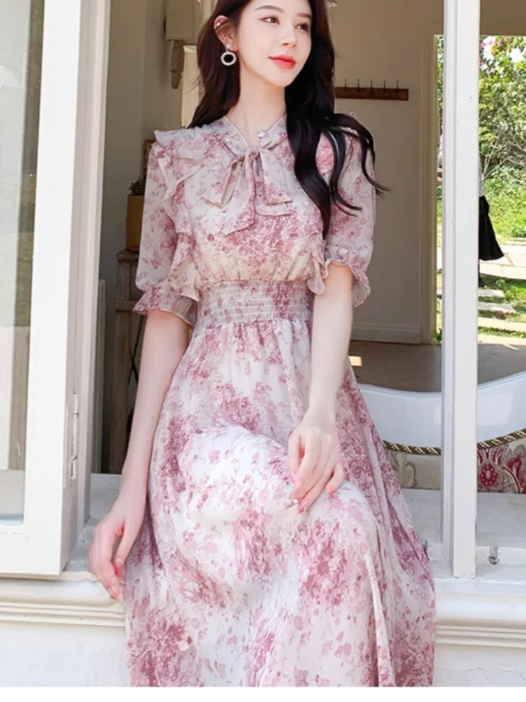 Mooie bloemen chiffon lange jurk kantoor dame zoete elegante vrouwen ruches bladerdeeg mouw elastische taille lint strik knoop Koreaanse Y2K