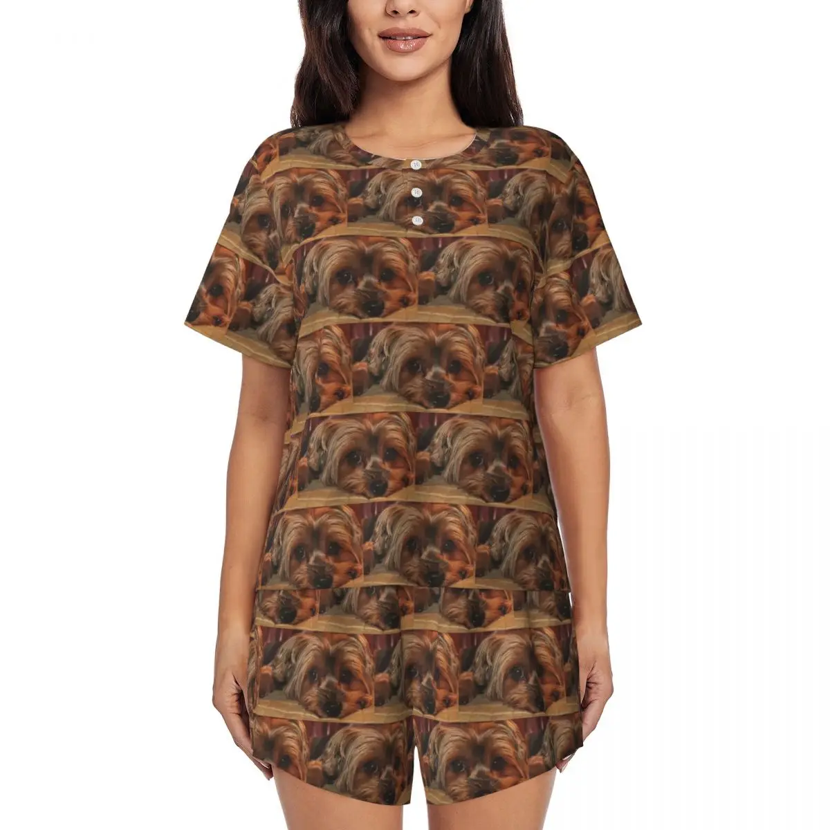 

Ночная рубашка с круглым вырезом и короткими рукавами для сна с изображением йоркширского терьера, женский свободный пижамный комплект с короткими штанами