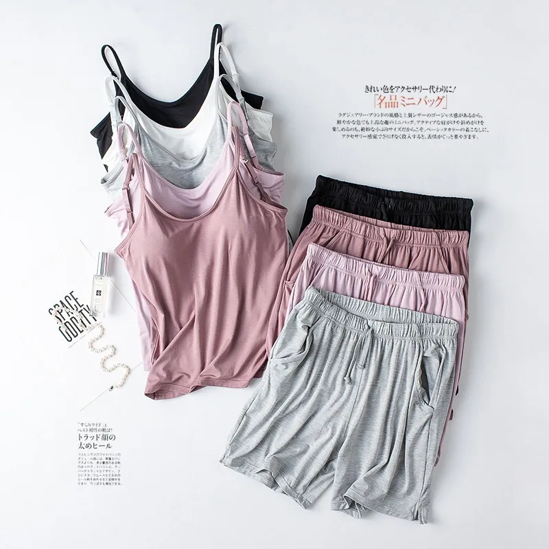 2026 New Women's Summer Pajama Set Modal Strap+Shorts With Chest Mat V-neck Back Two Piece Set Tank Top Women