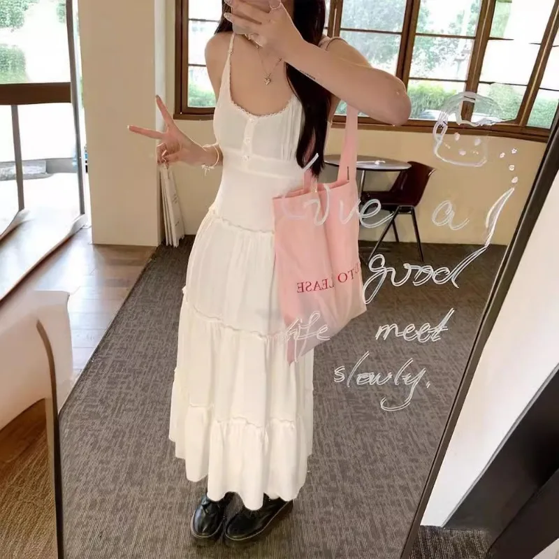 فستان نسائي طويل كشكش وردي ، فستان صيفي ، كوري ، فرنسي ، خرافية ، أنيق ، فستان سهرة أنيق ، بلا أكمام ، قصة ضيقة ، فستان كاميس جميل