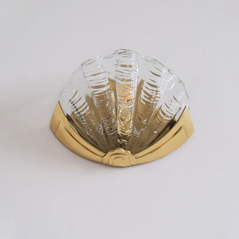 French All Copper Wall Lamps LED Light Shell Glass Lampshade Personality Living Room Aisle Bedroom Hotel Eye Protection Sconces