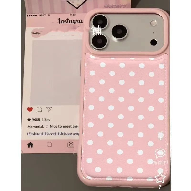 Ins Korean Trendy Cute Pink Polka Dots Pattern Leather Phone Case For iPhone 17 Air 16 15 14 13 12 11Pro Max Plus Y2K Back Cover - view 2